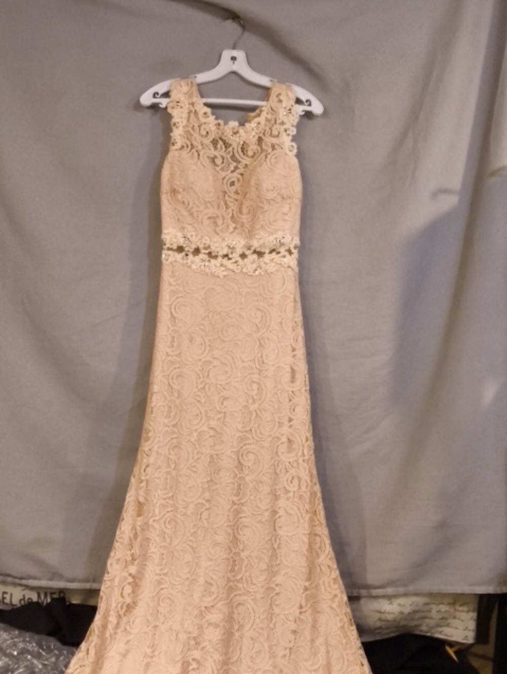 Dancing Queen Lace MaxiGownMed,Champagne Beige Gem Embellishments Decorate Front